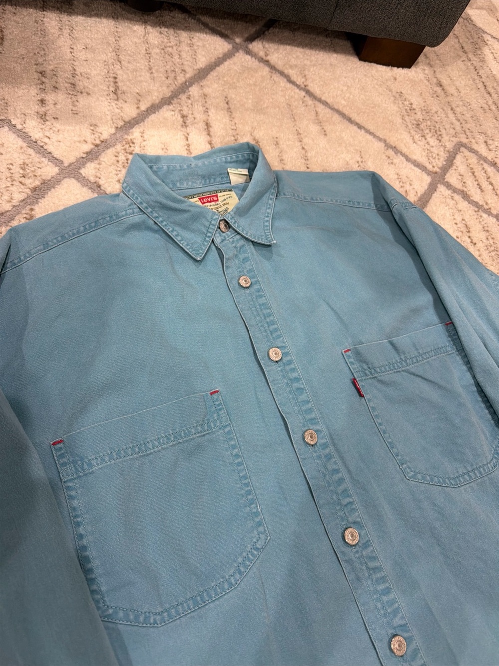 Vintage 90s Levi's Blue Denim Button Down Shirt Green Two Horse Tag Size Large